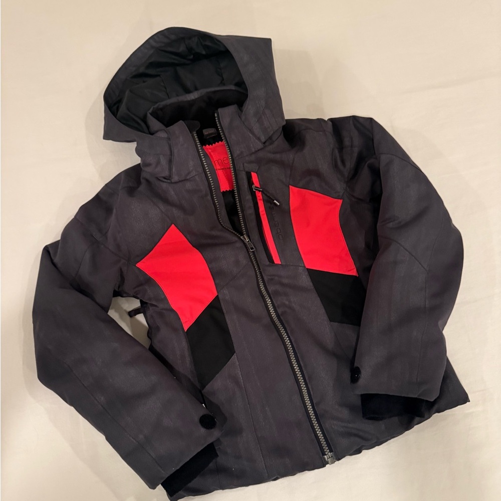 Obermeyer Ski Jacket with detachable hood- Dark grey black and red detail